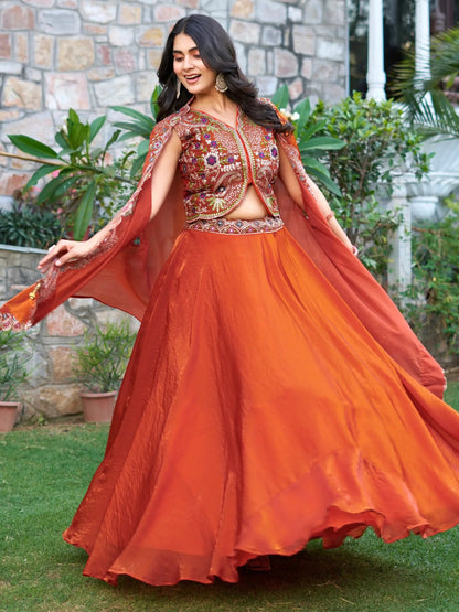 Impressive Orange Embroidered Silk Festive Wear Lehenga Choli With Shrug