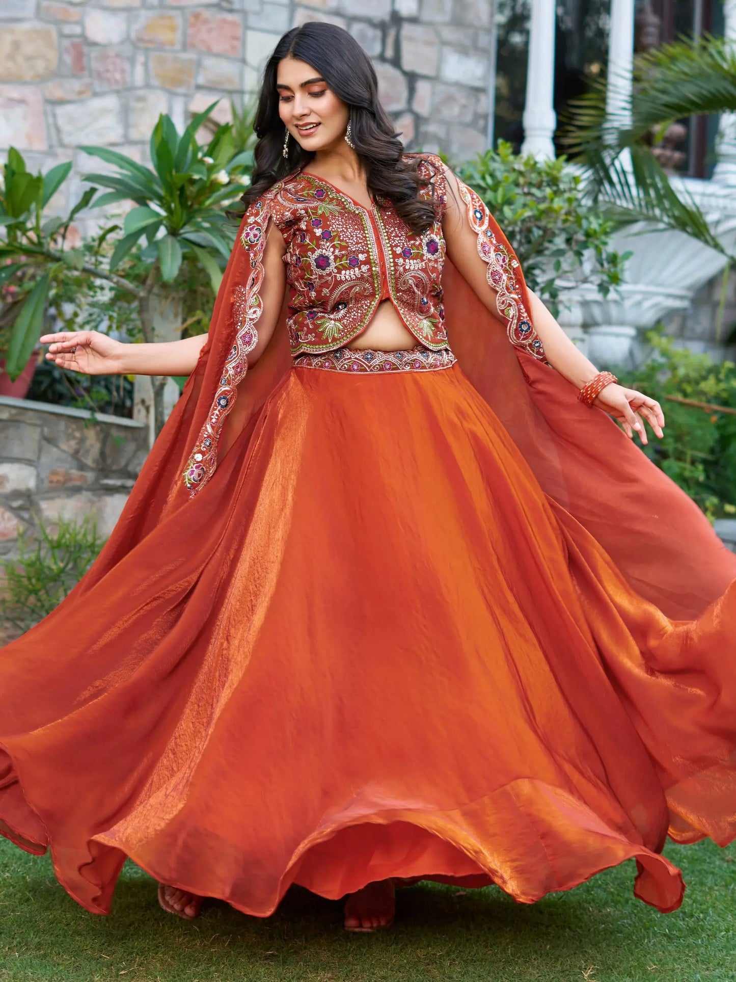 Impressive Orange Embroidered Silk Festive Wear Lehenga Choli With Shrug