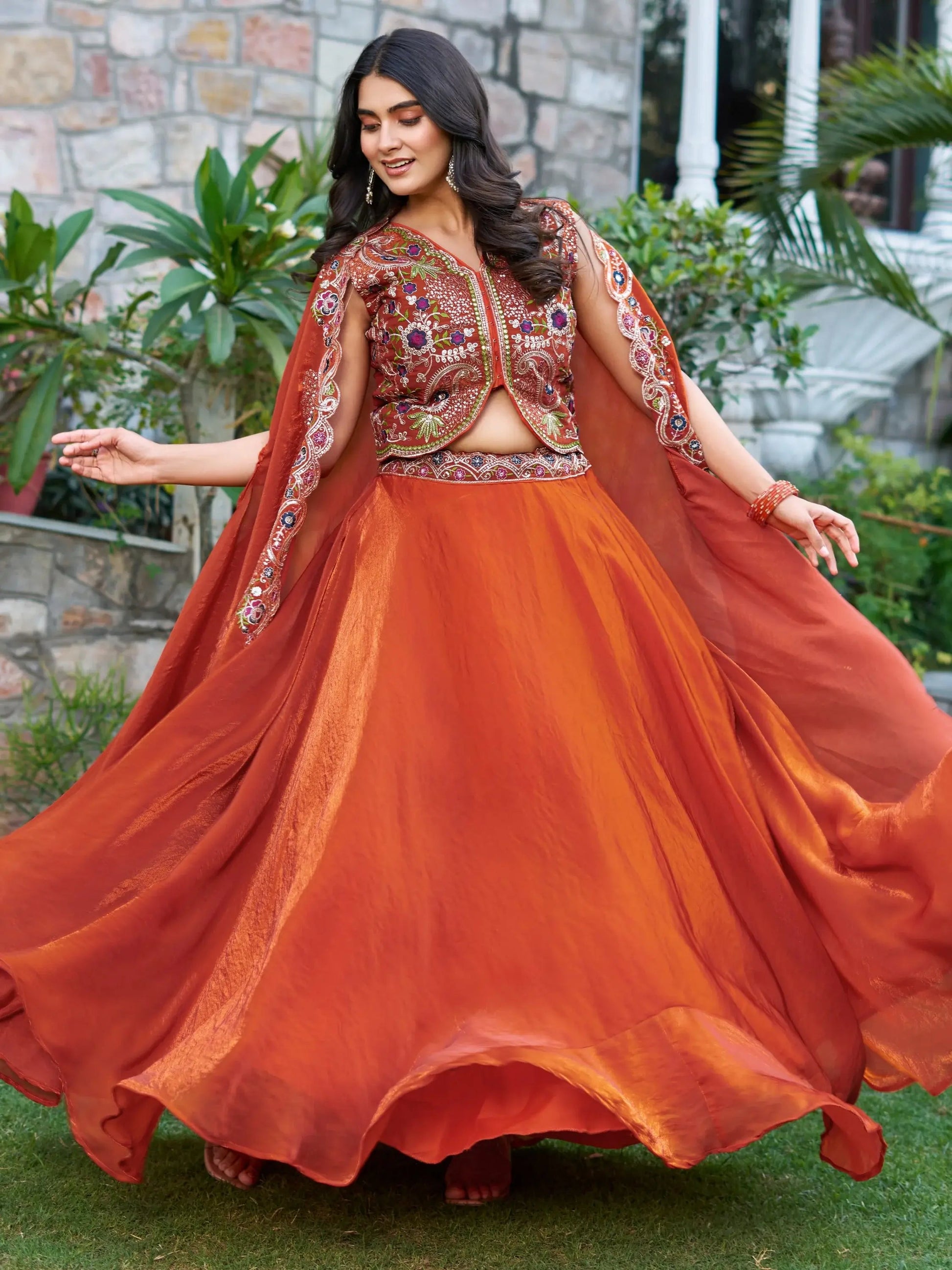 Impressive Orange Embroidered Silk Festive Wear Lehenga Choli With Shrug