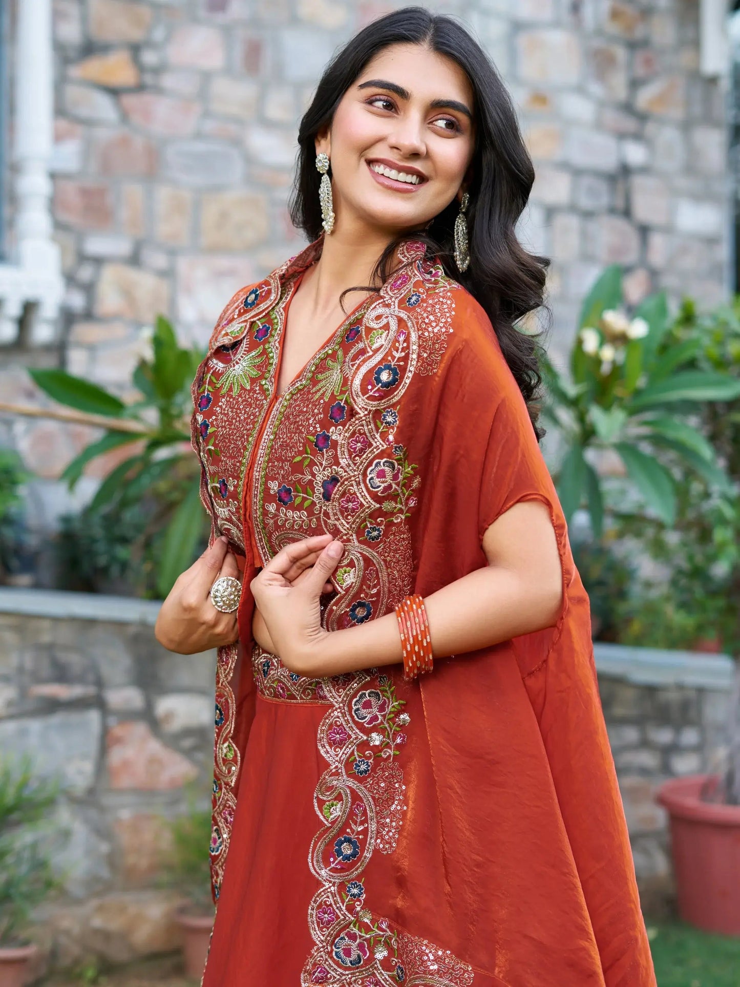 Impressive Orange Embroidered Silk Festive Wear Lehenga Choli With Shrug