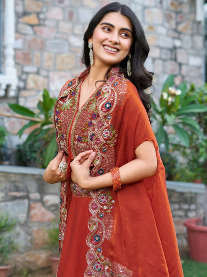 Impressive Orange Embroidered Silk Festive Wear Lehenga Choli With Shrug