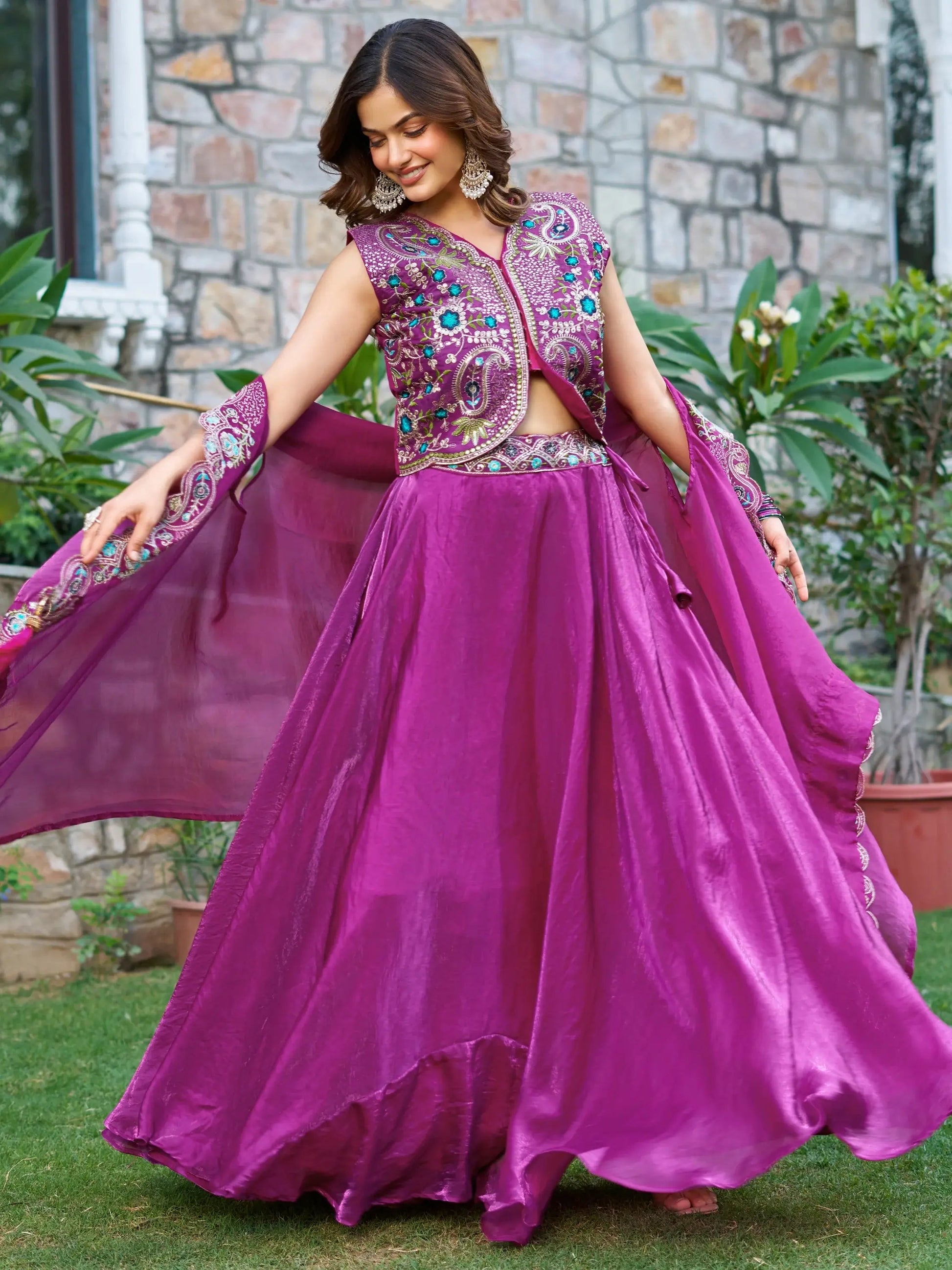 Splendid Purple Thread Embroidered Silk Event Wear Lehenga Choli With Shrug