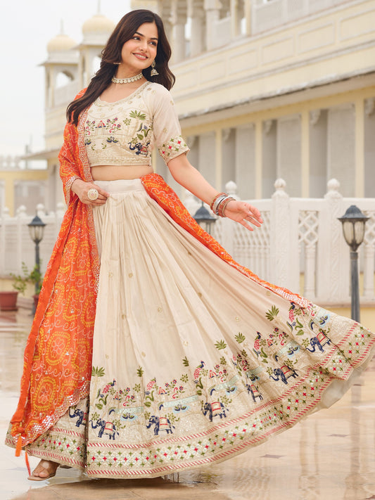 Beautiful Off-White Sequins Tissue Lehenga Choli With Orange Dupatta
