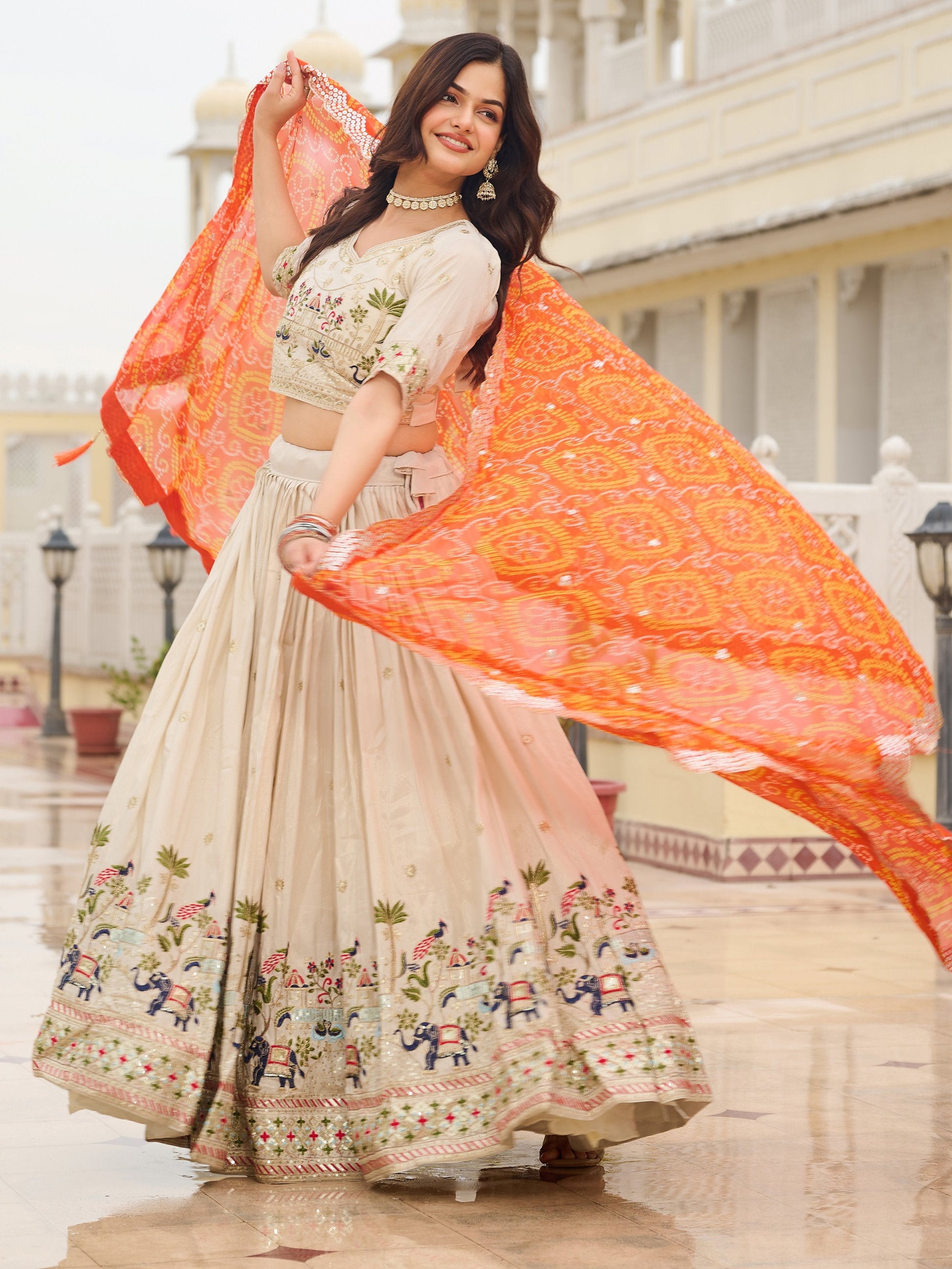 Beautiful Off-White Sequins Tissue Lehenga Choli With Orange Dupatta