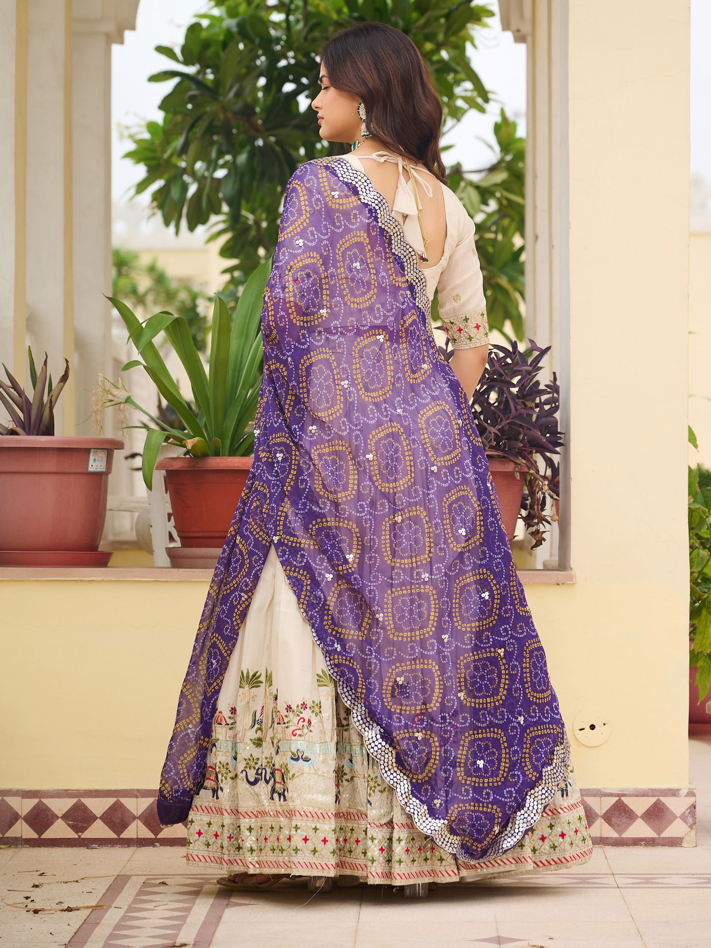 Gorgeous Off-White Thread Work Tissue Evening Wear Lehenga Choli With Purple Dupatta