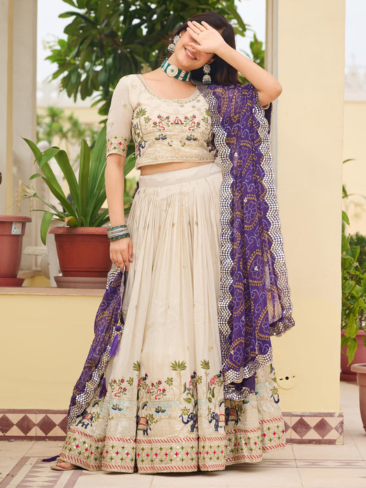 Gorgeous Off-White Thread Work Tissue Evening Wear Lehenga Choli With Purple Dupatta