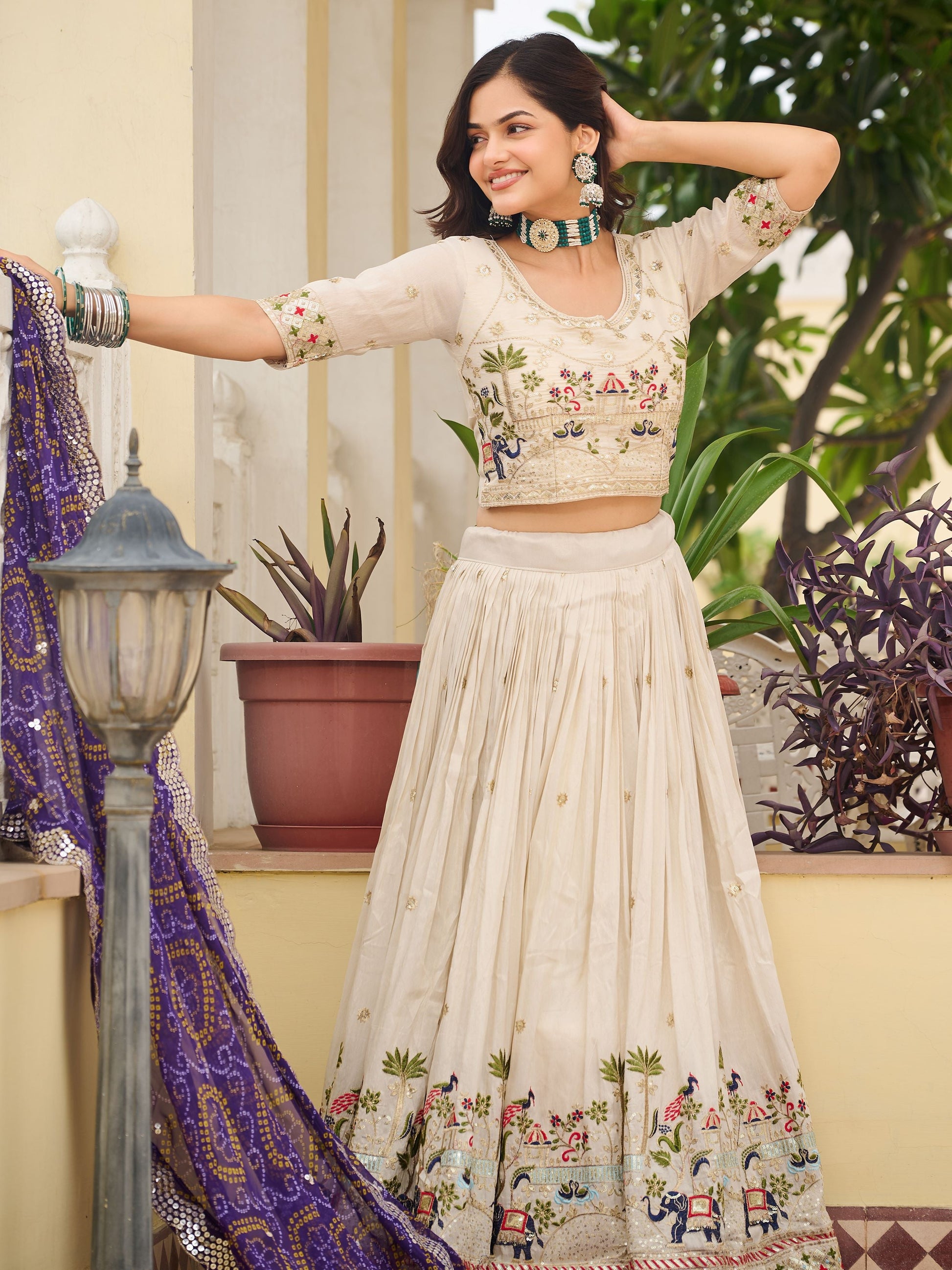 Gorgeous Off-White Thread Work Tissue Evening Wear Lehenga Choli With Purple Dupatta