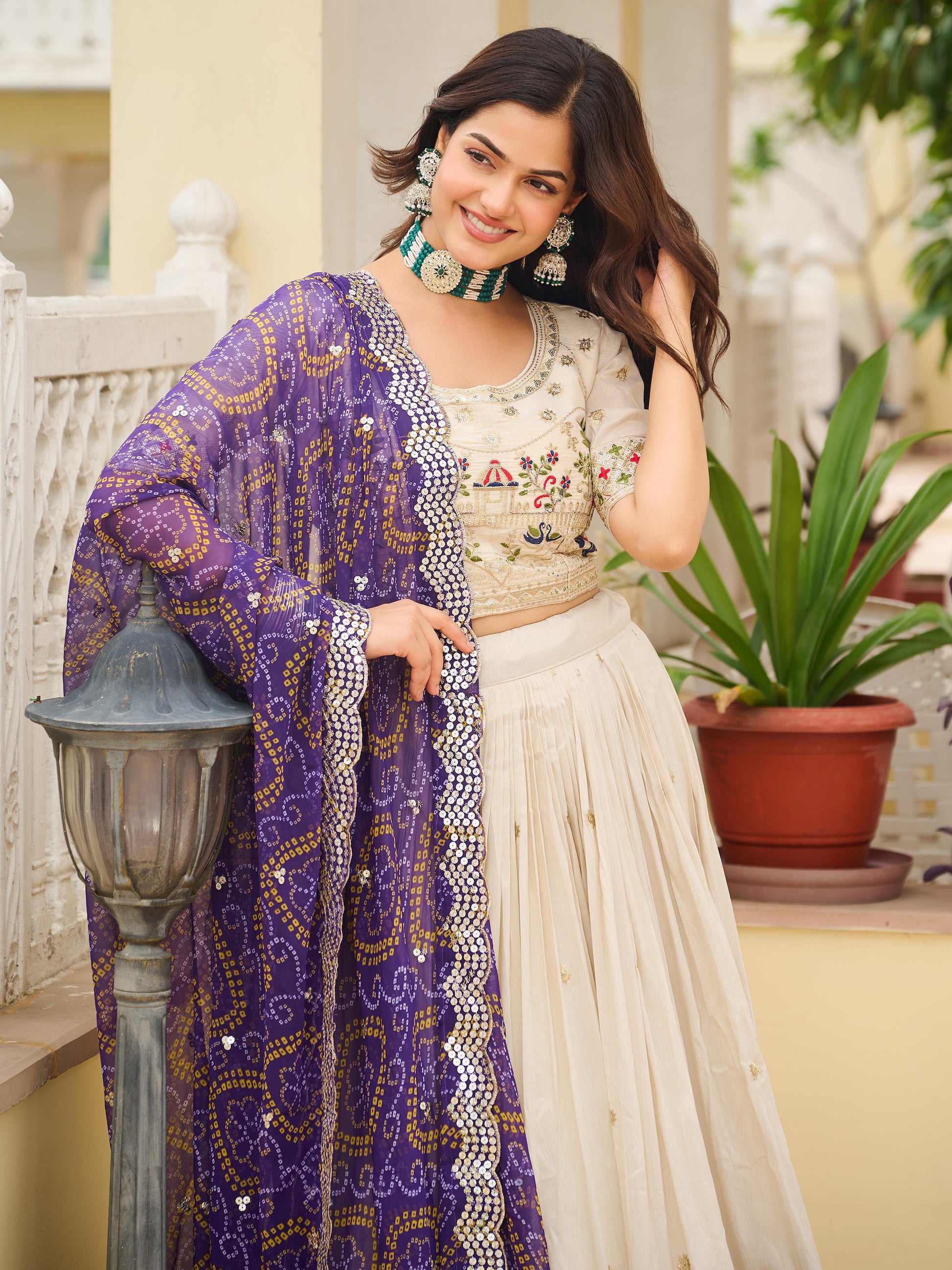 Gorgeous Off-White Thread Work Tissue Evening Wear Lehenga Choli With Purple Dupatta