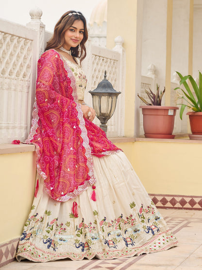 Awesome Off-White Embroidered Tissue Traditional Lehenga Choli With Pink Dupatta