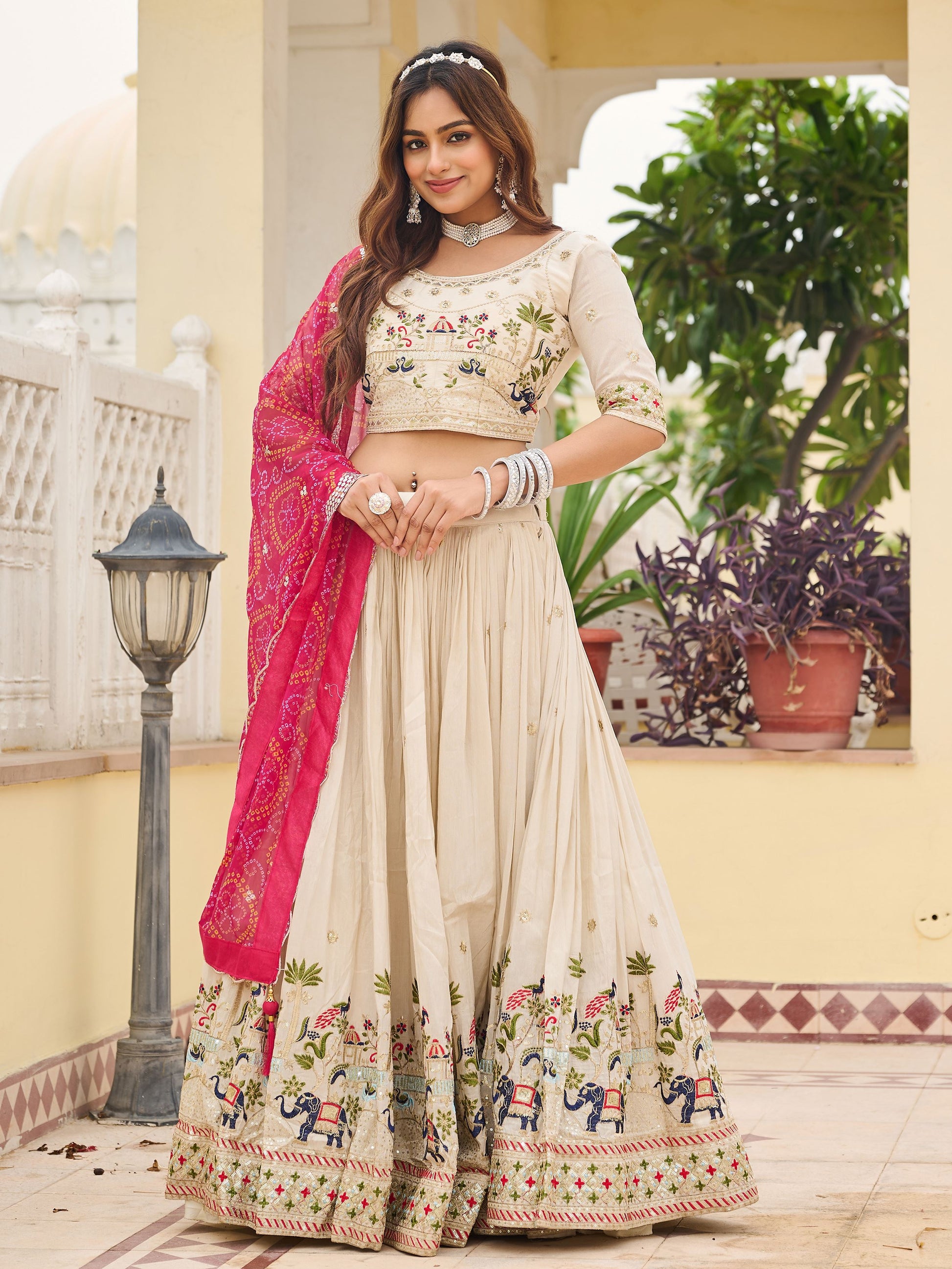 Awesome Off-White Embroidered Tissue Traditional Lehenga Choli With Pink Dupatta