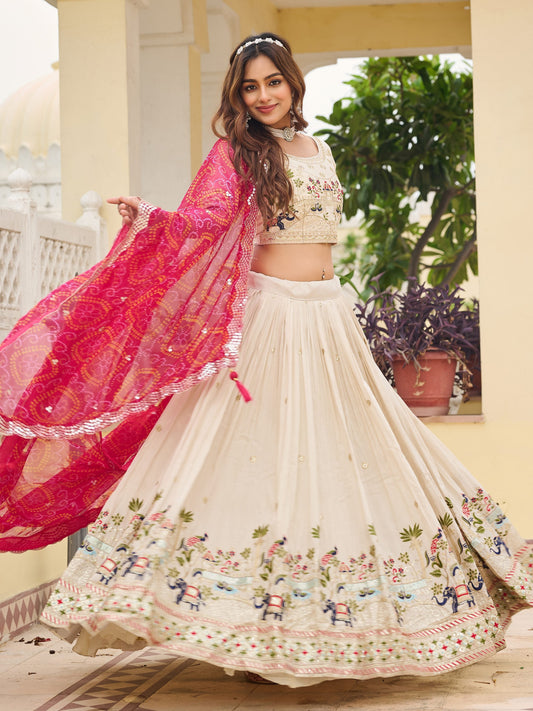 Awesome Off-White Embroidered Tissue Traditional Lehenga Choli With Pink Dupatta