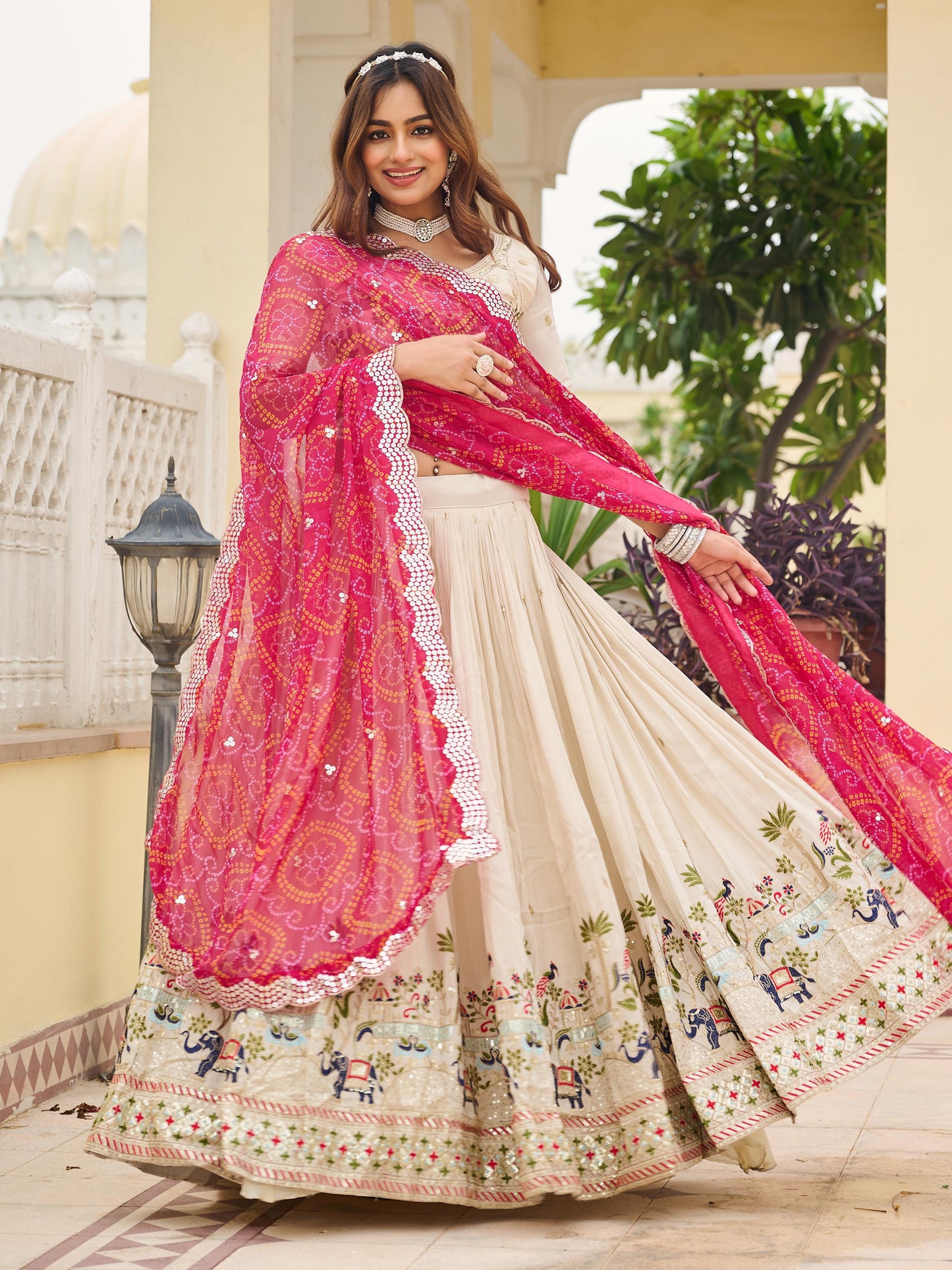 Awesome Off-White Embroidered Tissue Traditional Lehenga Choli With Pink Dupatta
