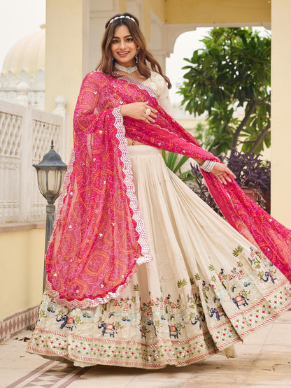 Awesome Off-White Embroidered Tissue Traditional Lehenga Choli With Pink Dupatta