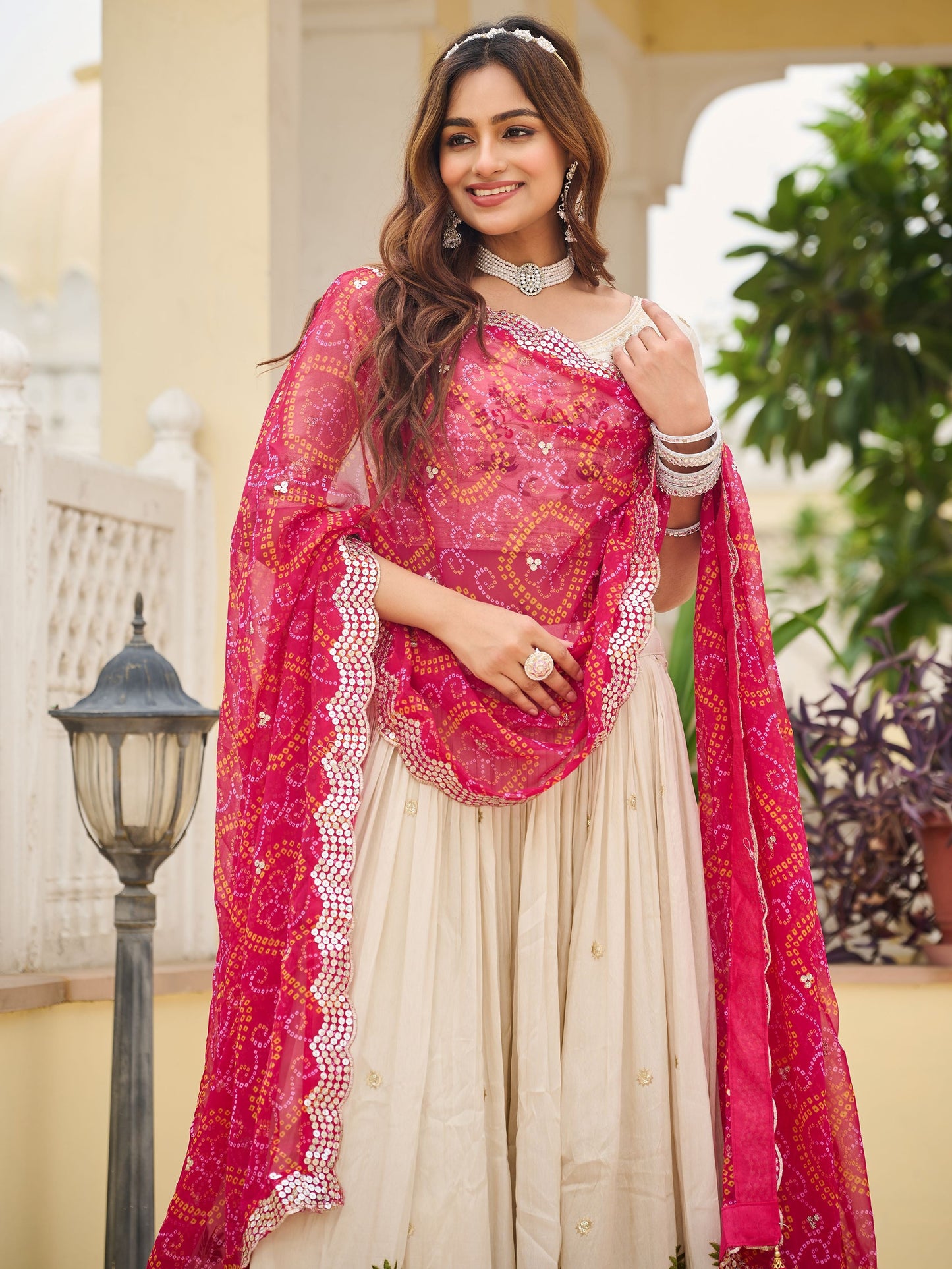 Awesome Off-White Embroidered Tissue Traditional Lehenga Choli With Pink Dupatta
