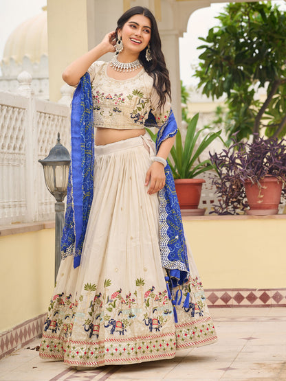 Attractive Off-White Thread Work Tissue Event Wear Lehenga Choli With Blue Dupatta