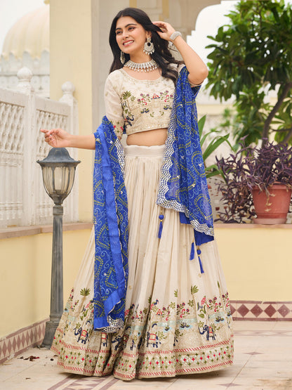 Attractive Off-White Thread Work Tissue Event Wear Lehenga Choli With Blue Dupatta