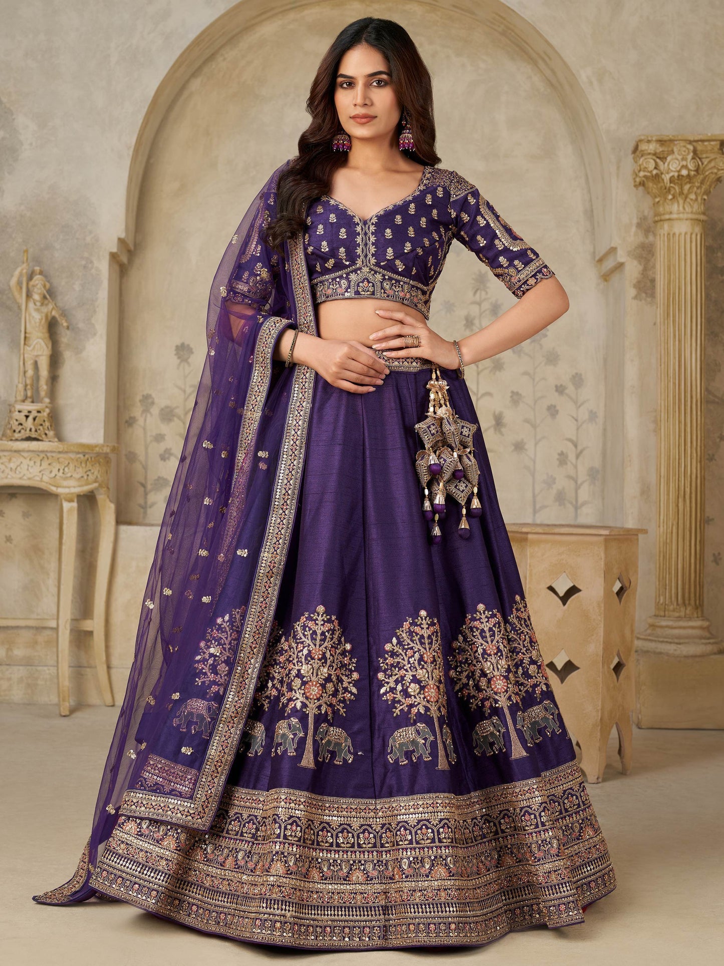 Beautiful Purple Zari Embroidery Silk Bridesmaid Lehenga Choli With Dupatta