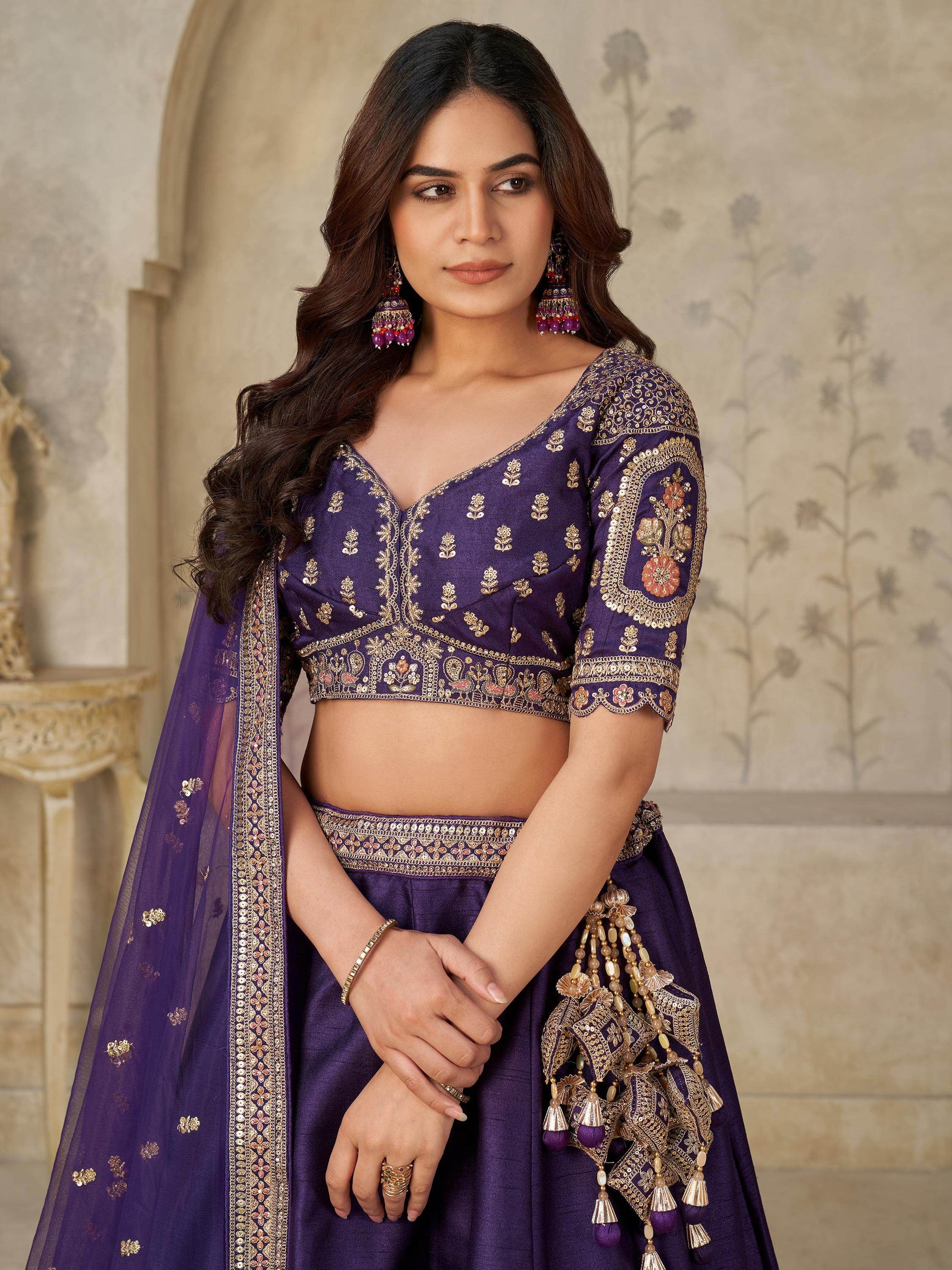 Beautiful Purple Zari Embroidery Silk Bridesmaid Lehenga Choli With Dupatta