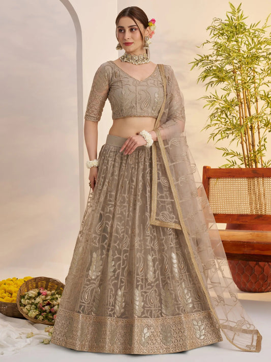 Timeless Gray Thread Work Net Bridesmaid Lehenga Choli With Dupatta