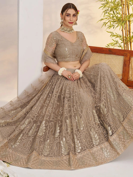 Timeless Gray Thread Work Net Bridesmaid Lehenga Choli With Dupatta