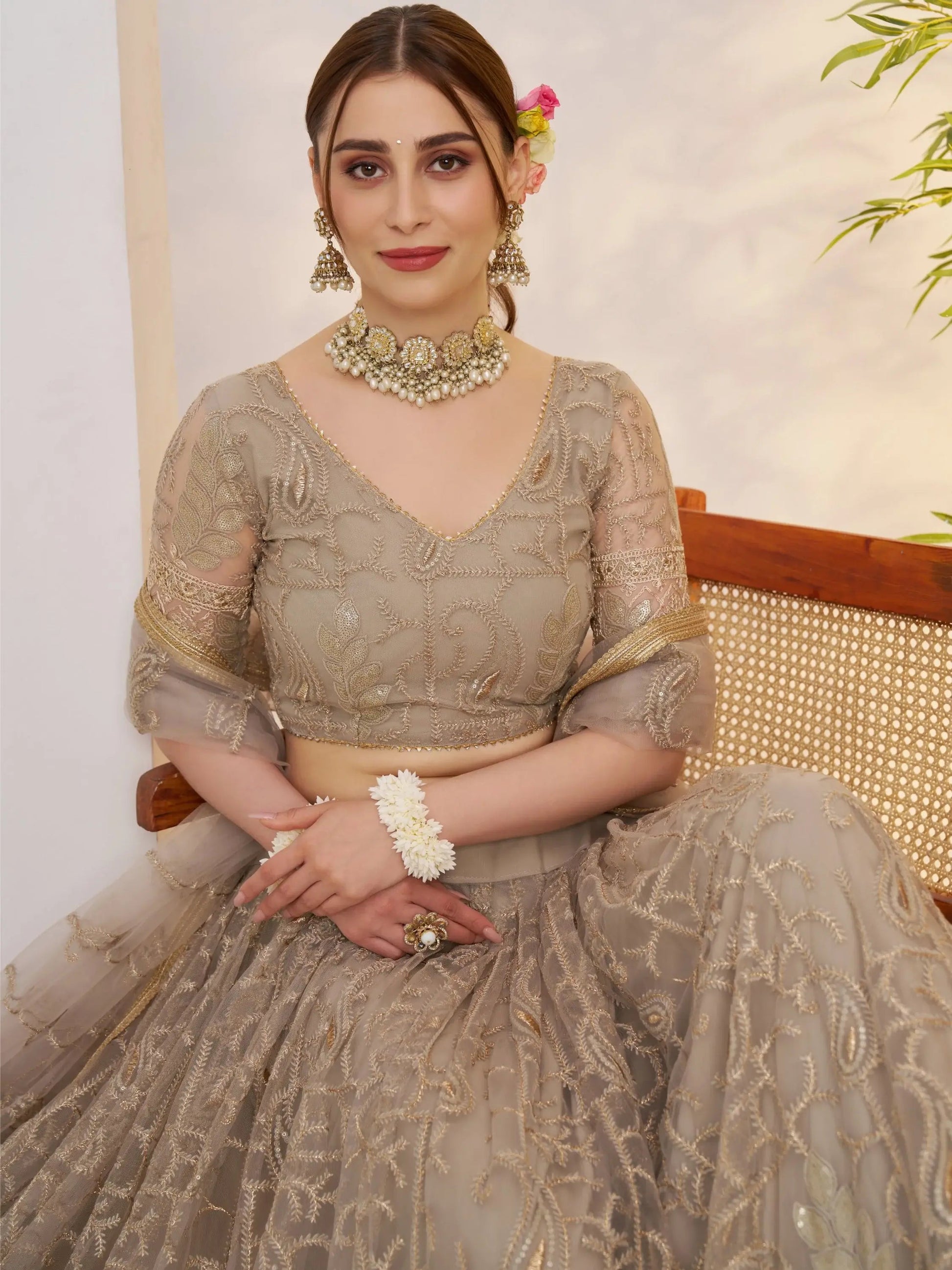 Timeless Gray Thread Work Net Bridesmaid Lehenga Choli With Dupatta