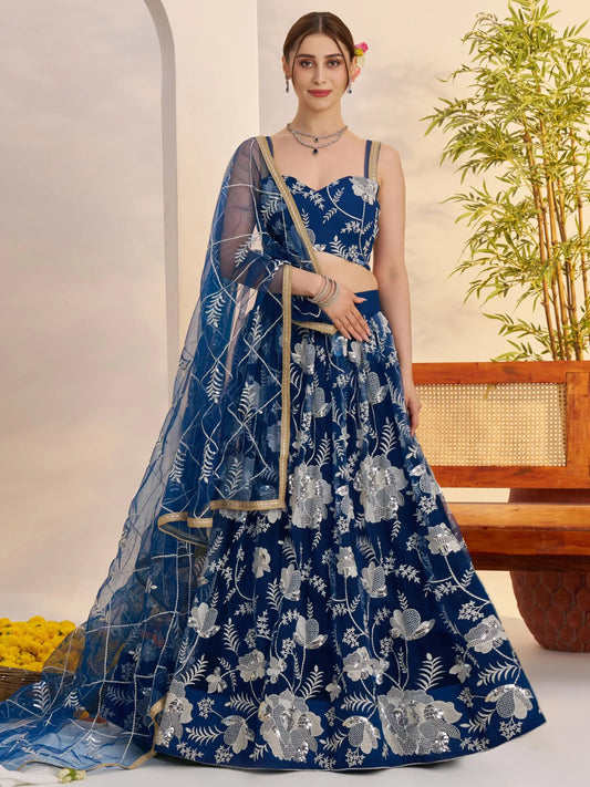 Adoring Teal Blue Floral Embroidery Net Engagement Wear Lehenga Choli