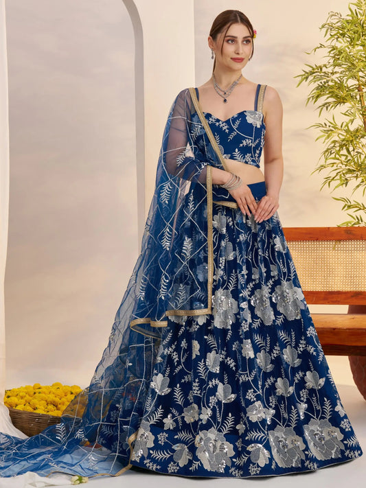 Adoring Teal Blue Floral Embroidery Net Engagement Wear Lehenga Choli