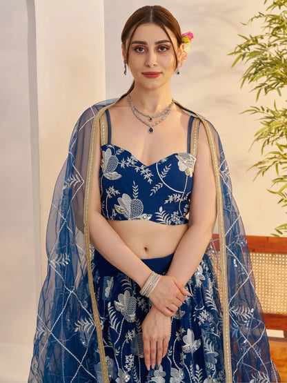 Adoring Teal Blue Floral Embroidery Net Engagement Wear Lehenga Choli