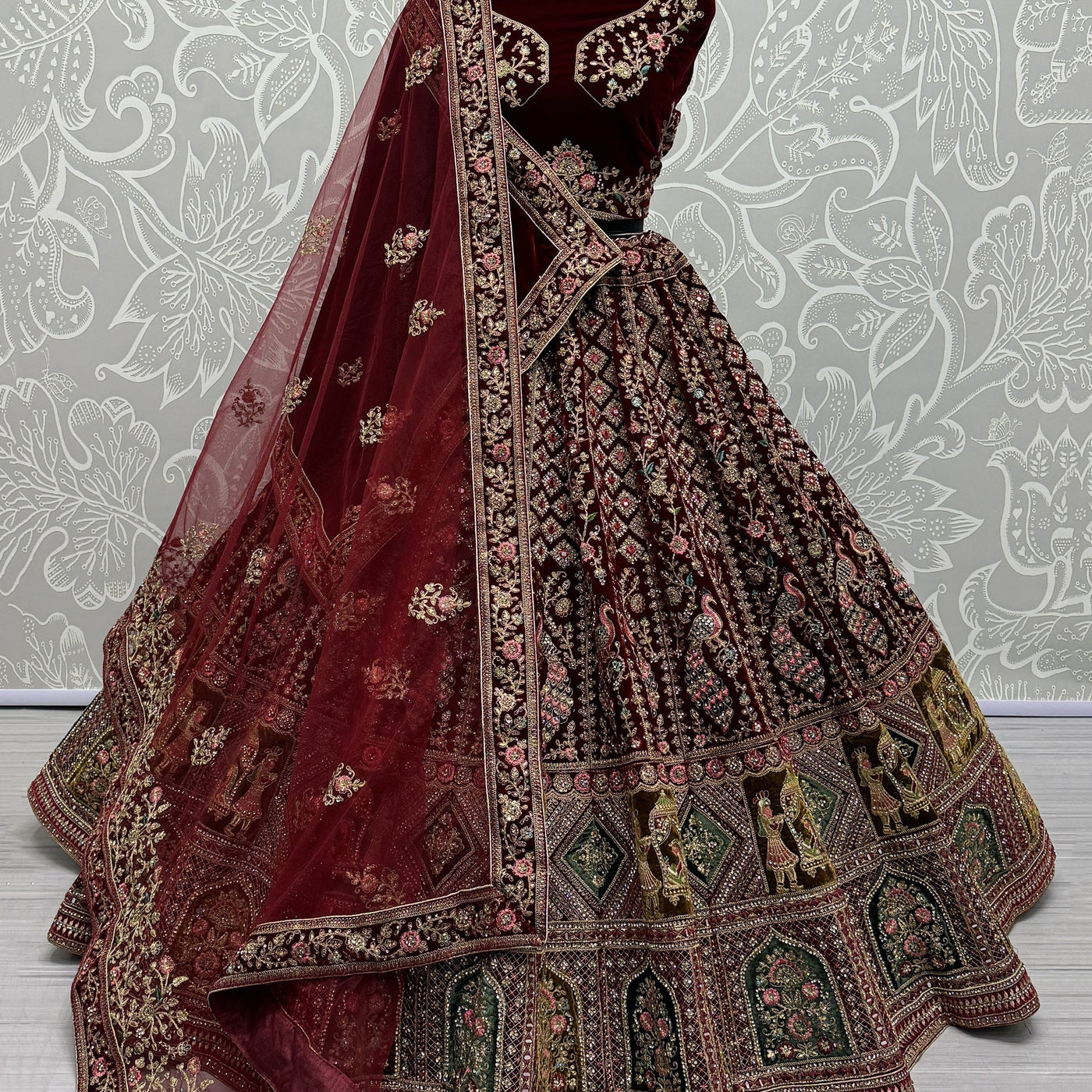 Lovely Maroon Velvet Bridal Lehenga Choli With Double Dupatta