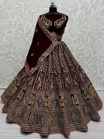 Lovely Maroon Velvet Bridal Lehenga Choli With Double Dupatta