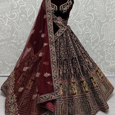 Wonderful Dark Maroon Velvet Bridal Lehenga Choli With Double Dupatta