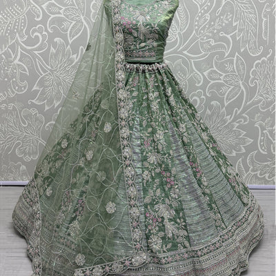 Stunning Pista Green Sequins Silk Designer Lehenga Choli With Dupatta