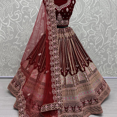 Marvelous Red Embroidered Velvet Bridal Lehenga Choli