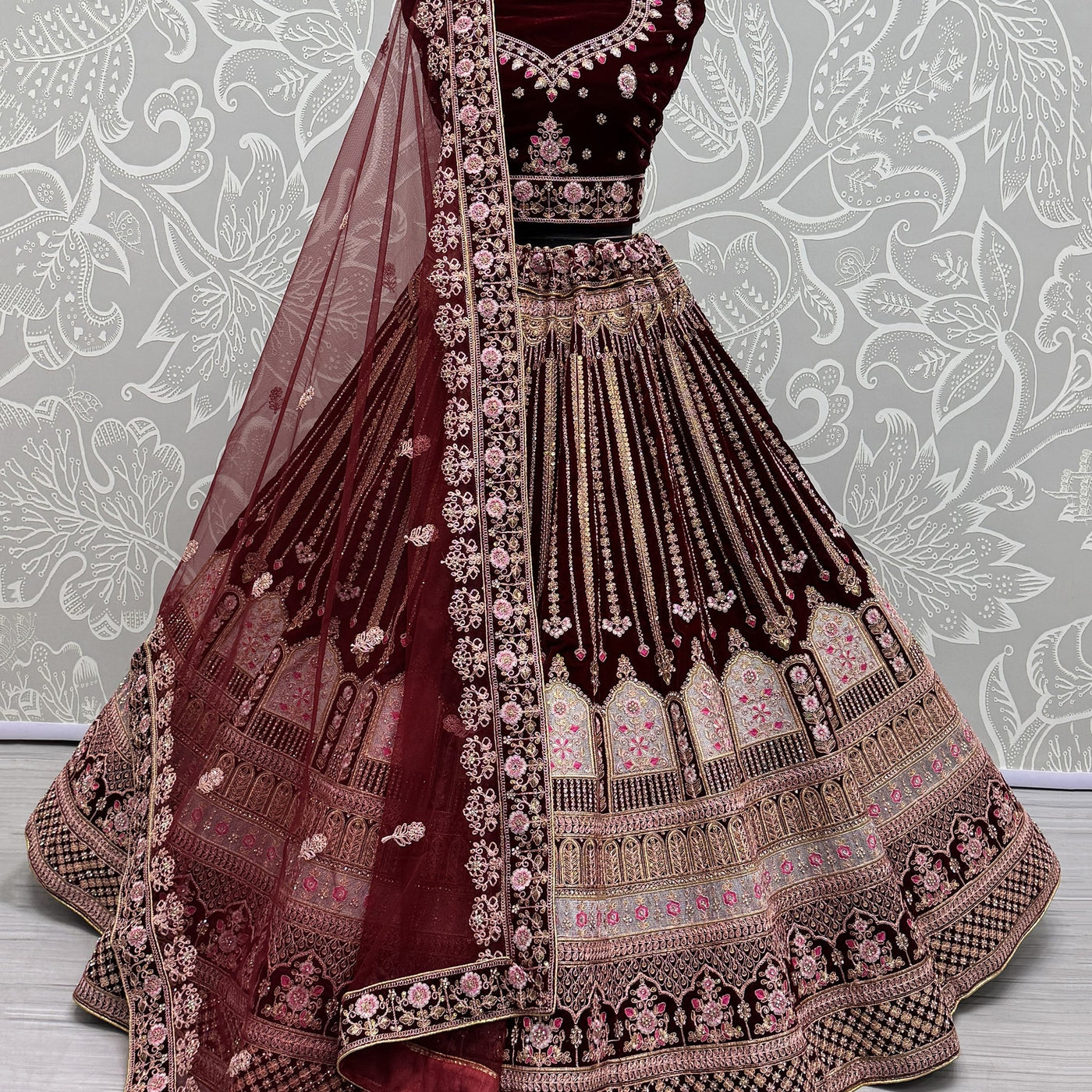 Awesome Maroon Embroidered Velvet Bridal Lehenga Choli With Dupatta