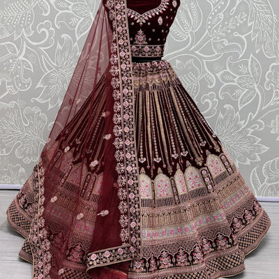 Awesome Maroon Embroidered Velvet Bridal Lehenga Choli With Dupatta