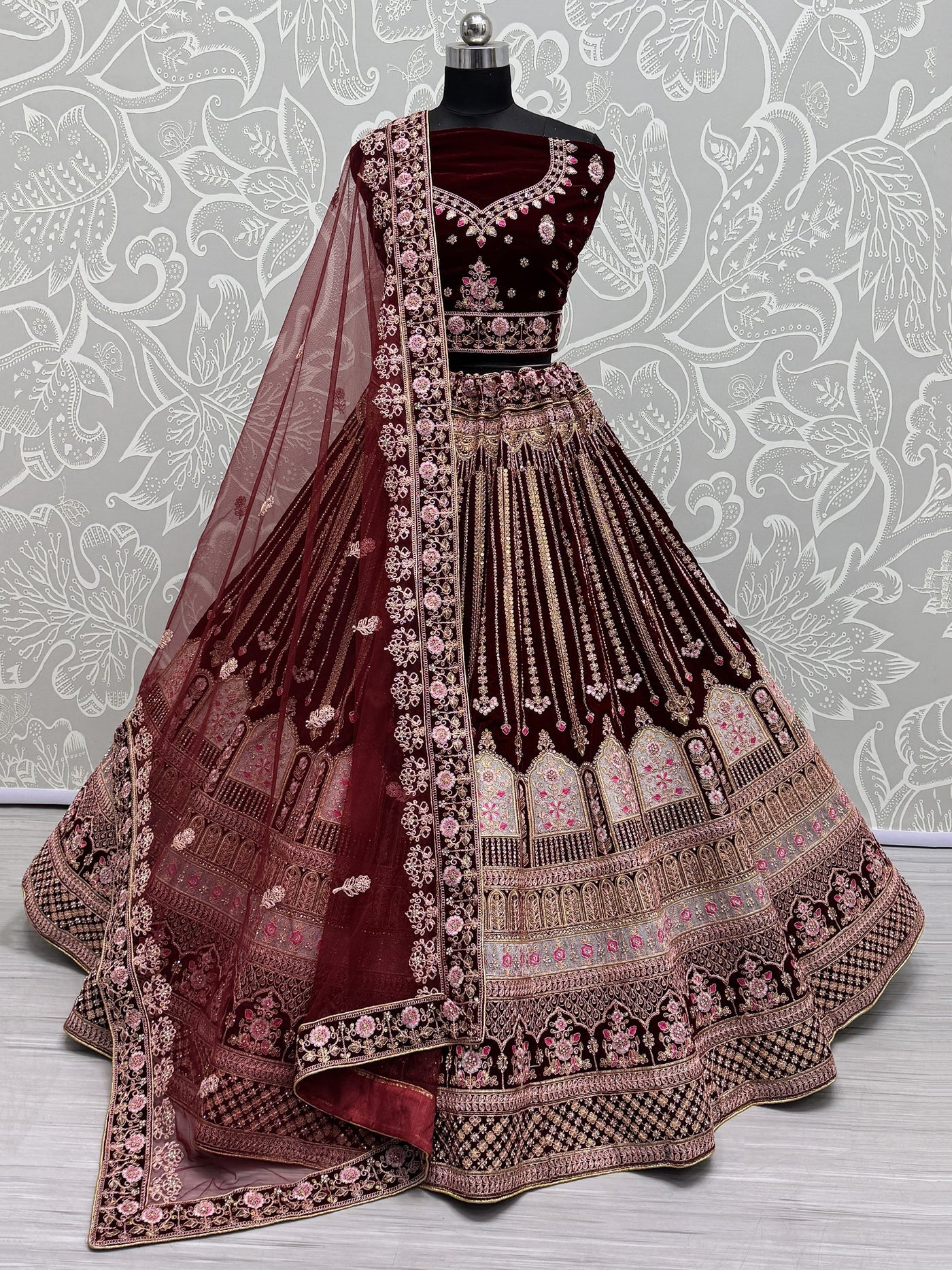 Awesome Maroon Embroidered Velvet Bridal Lehenga Choli With Dupatta