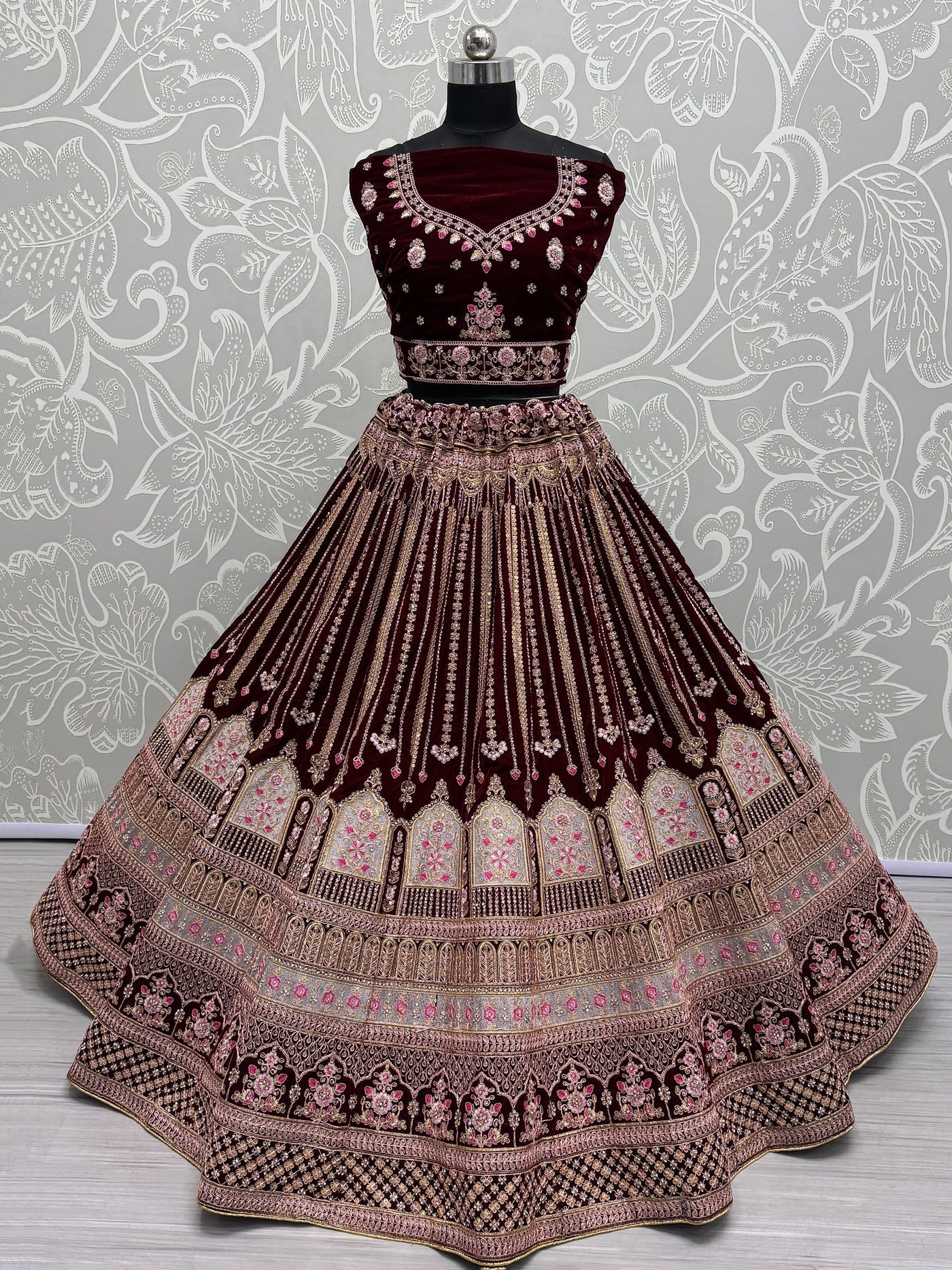 Awesome Maroon Embroidered Velvet Bridal Lehenga Choli With Dupatta