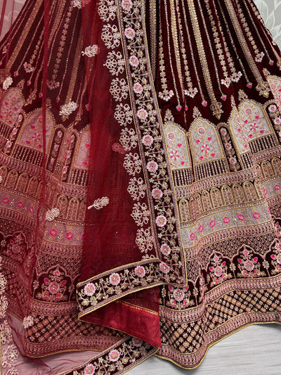 Awesome Maroon Embroidered Velvet Bridal Lehenga Choli With Dupatta