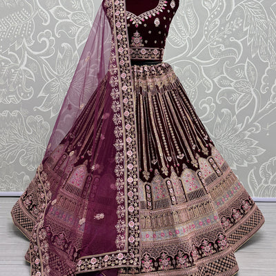 Outstanding Wine Embroidered Velvet Bridal Lehenga Choli