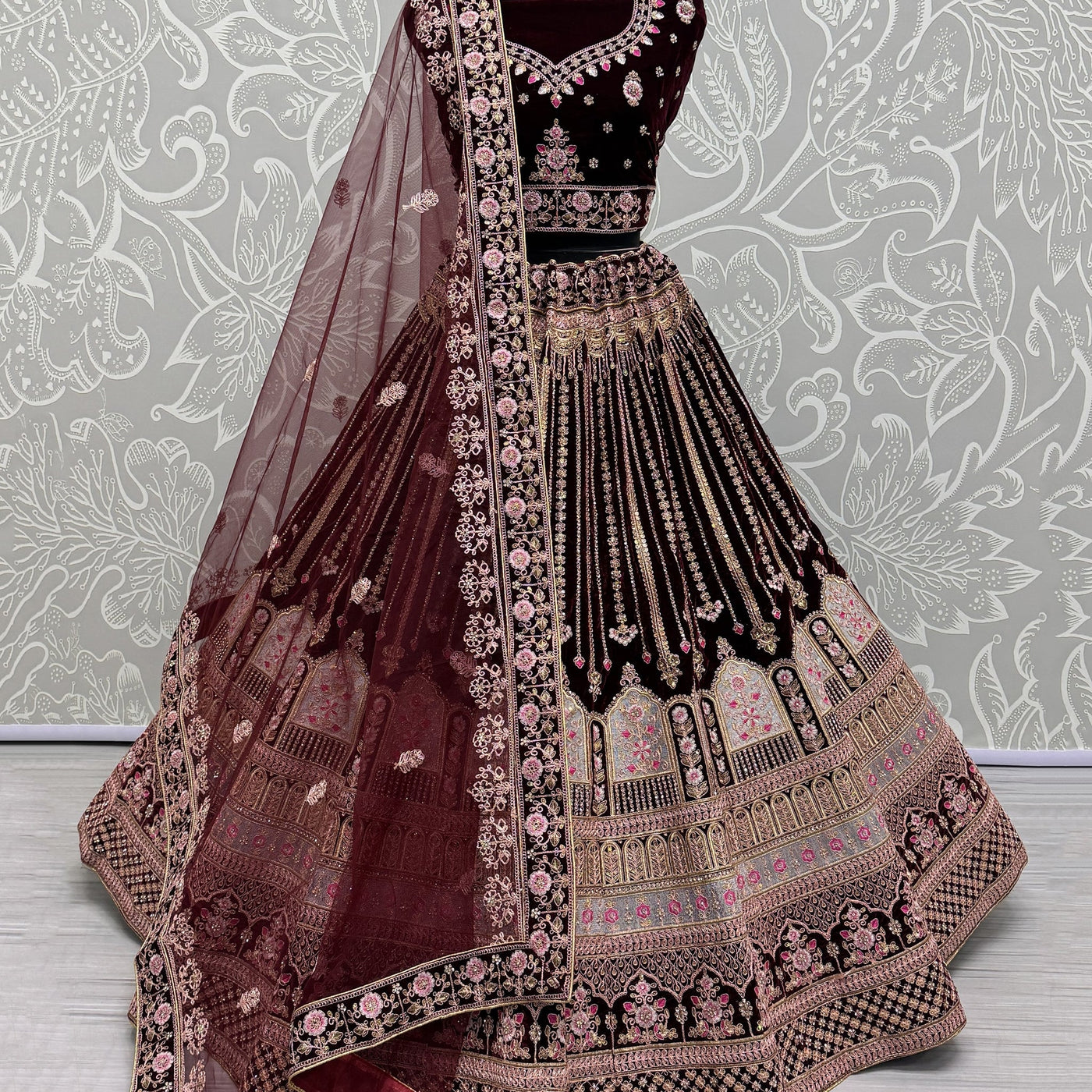 Wonderful Dark Maroon Embroidered Velvet Bridal Lehenga Choli With Dupatta