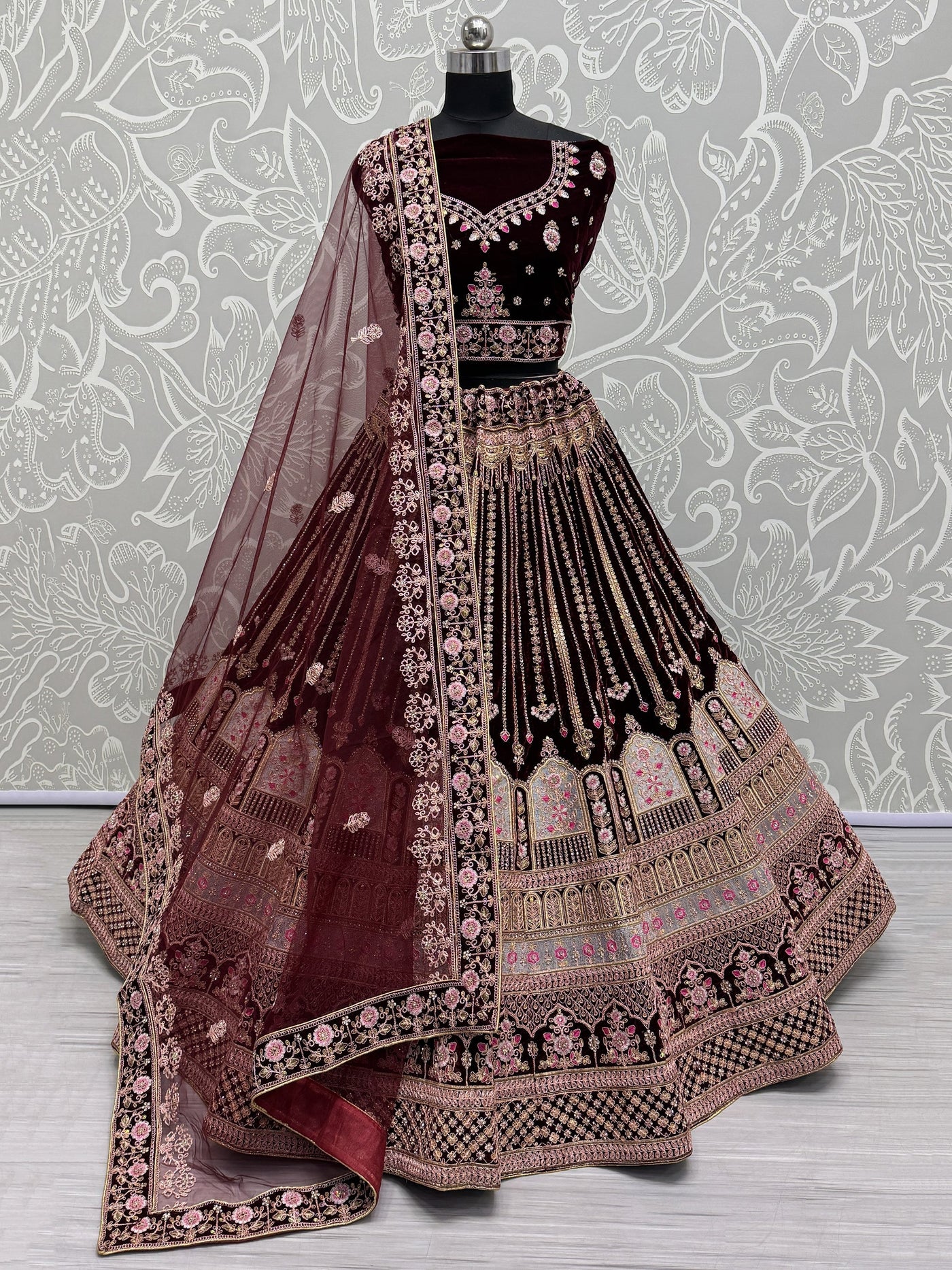 Wonderful Dark Maroon Embroidered Velvet Bridal Lehenga Choli With Dupatta