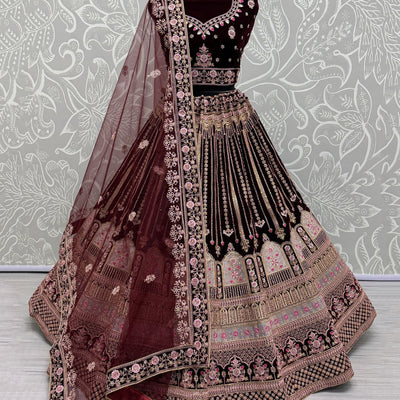 Wonderful Dark Maroon Embroidered Velvet Bridal Lehenga Choli With Dupatta