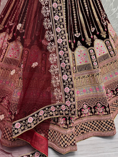 Wonderful Dark Maroon Embroidered Velvet Bridal Lehenga Choli With Dupatta