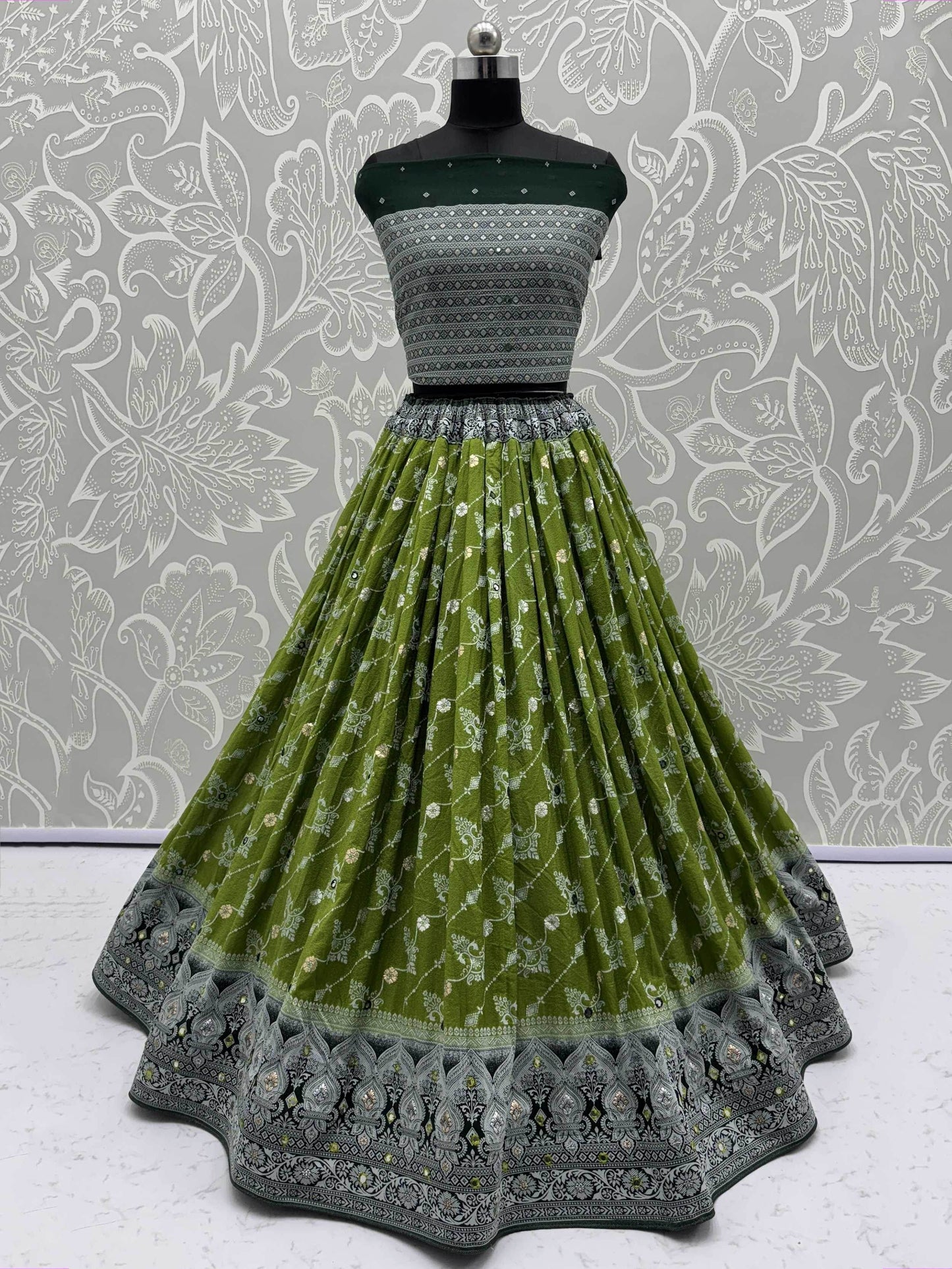 Artistic Olive Green Zari Weaving Wedding Wear Lehenga Choli With Dupatta