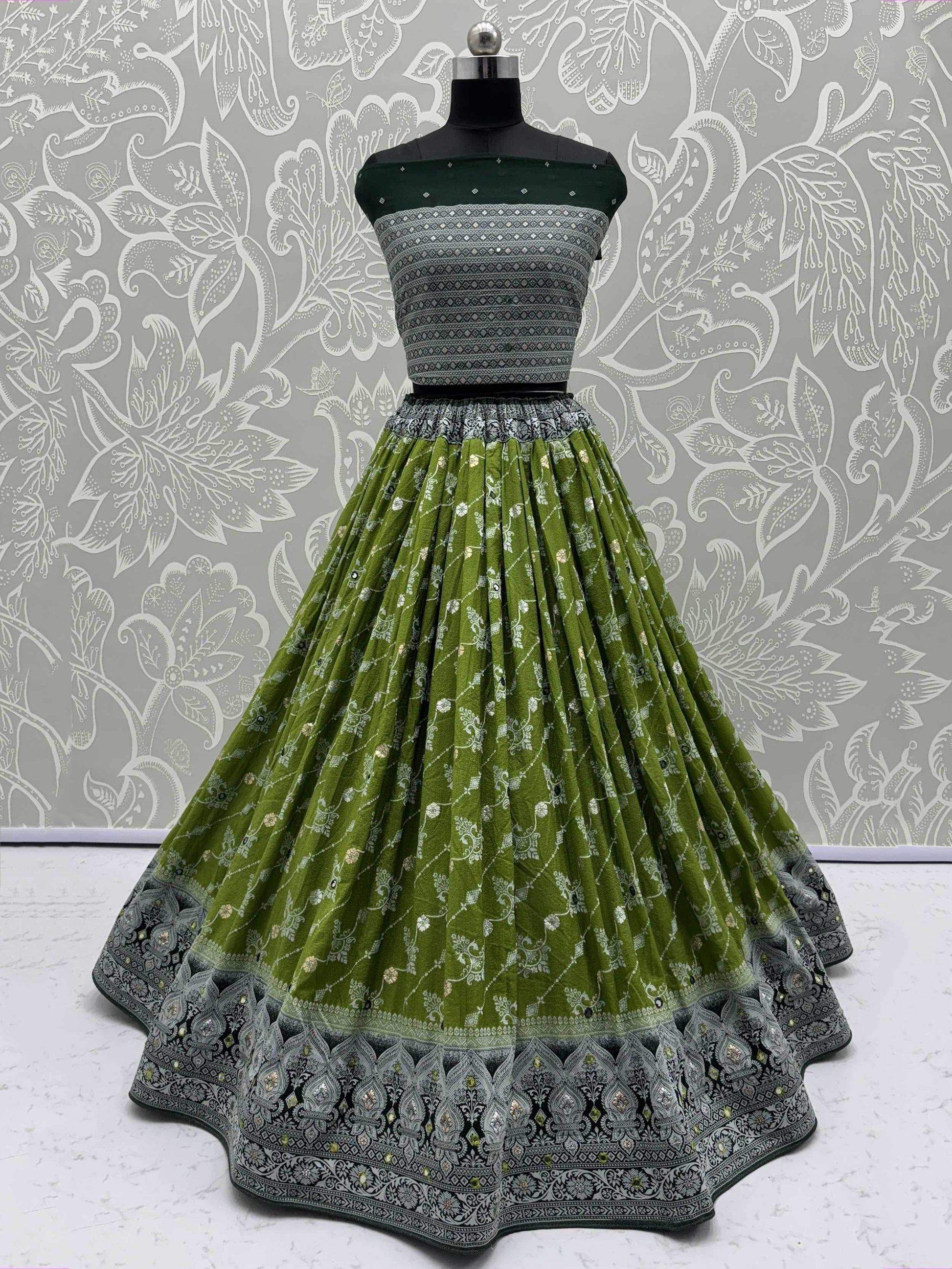 Artistic Olive Green Zari Weaving Wedding Wear Lehenga Choli With Dupatta