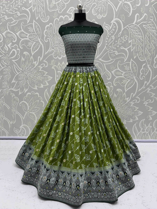 Artistic Olive Green Zari Weaving Wedding Wear Lehenga Choli With Dupatta