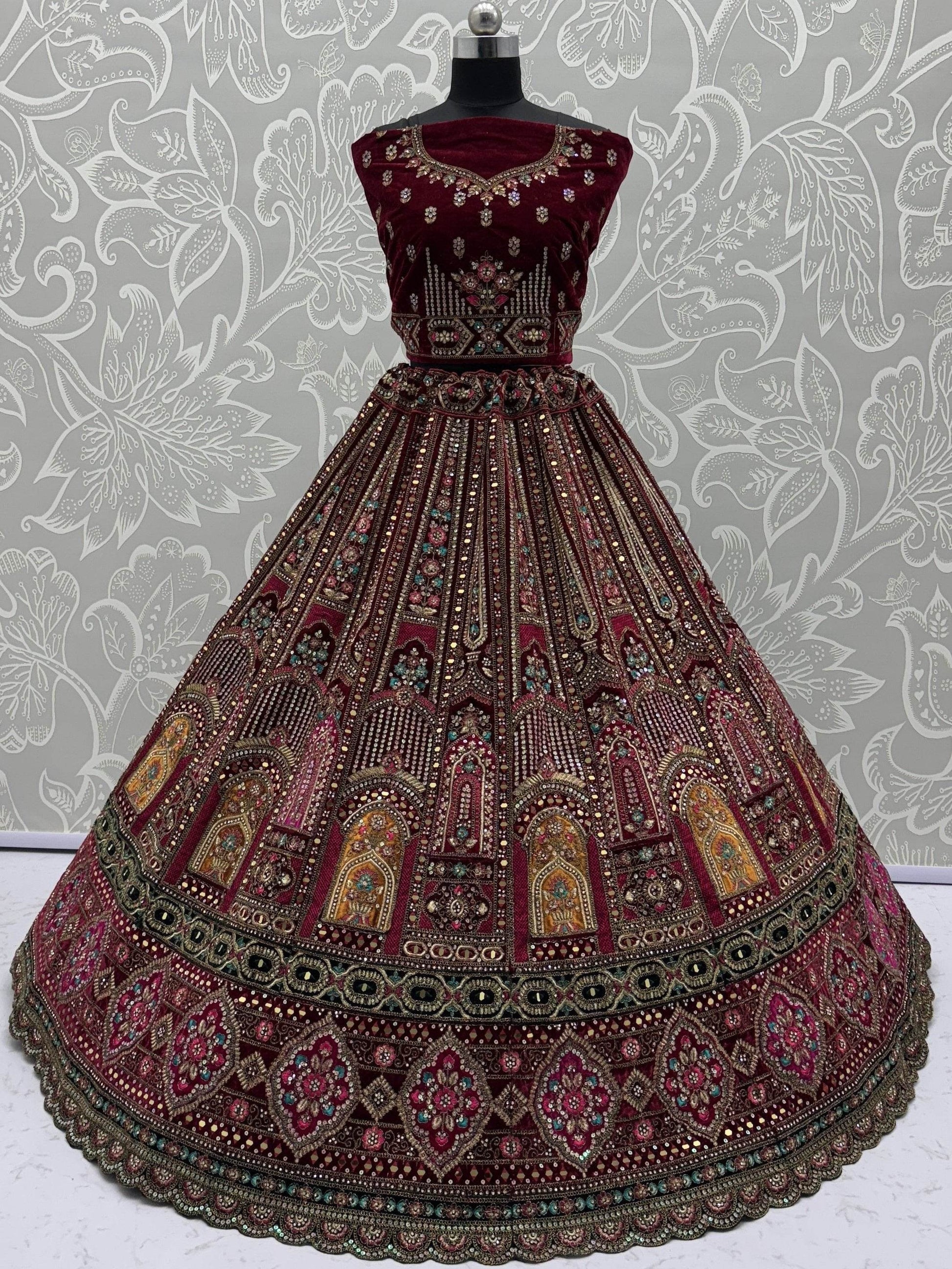 Excellent Maroon Zircon Work Velvet Bridal Lehenga Choli With Double Dupatta