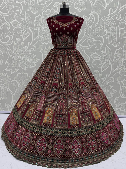 Excellent Maroon Zircon Work Velvet Bridal Lehenga Choli With Double Dupatta