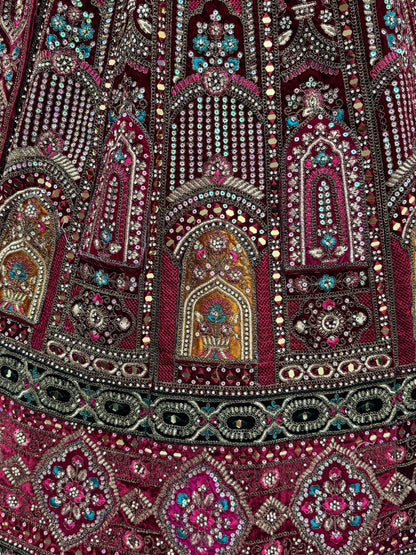 Excellent Maroon Zircon Work Velvet Bridal Lehenga Choli With Double Dupatta