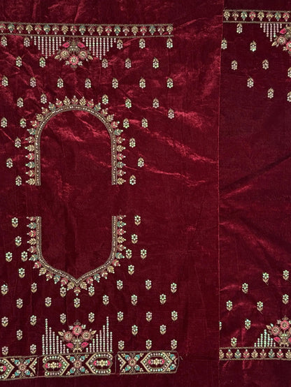 Excellent Maroon Zircon Work Velvet Bridal Lehenga Choli With Double Dupatta